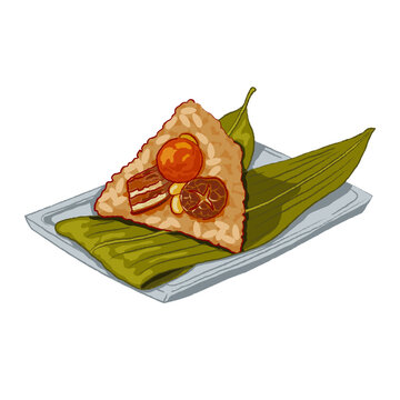 Zongzi, a Sticky Rice Dumplings filled with various ingredients such as salt egg yolk, pork belly, mushroom and ginkgo. Isolated zongzi on a plate decorated with leaf. Close up hand drawing vector ill