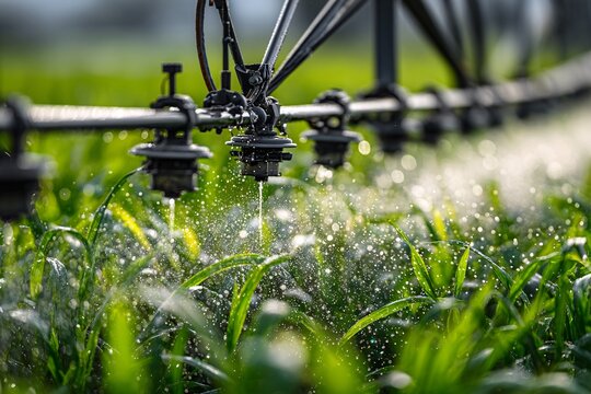 Agricultural sprayer boom applying liquid fertilizer or pesticide on crops