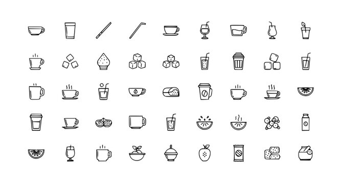 Minimal black and white drink and food icon set with cups straws sugar cubes and fruits in clean flat design