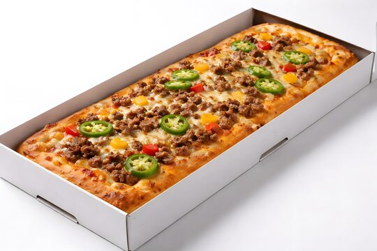 Delicious rectangular pizza with jalapenos in a cardboard box