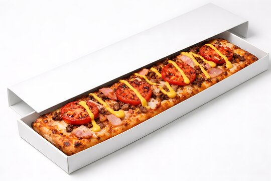 delicious rectangular pizza in open white cardboard box
