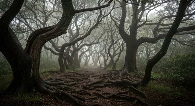 Mysterious forest path with gnarled trees and roots, eerie atmosphere
