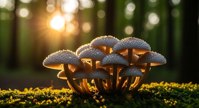 mushroom cluster with dewdrops
