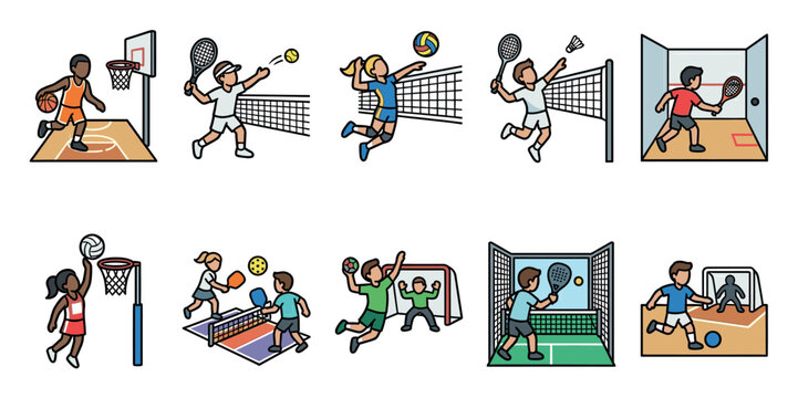 A collection of flat vector illustrations depicts children and adults playing basketball, tennis, volleyball, badminton, squash, netball, pickleball, handball, paddleball, and soccer.