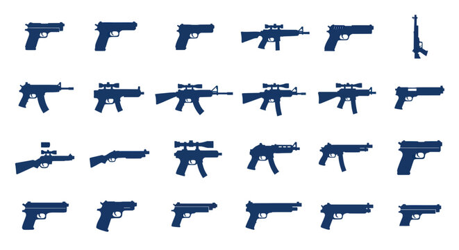 Collection of Gun Silhouettes: Pistols, Rifles, Shotguns, and Assault Weapons