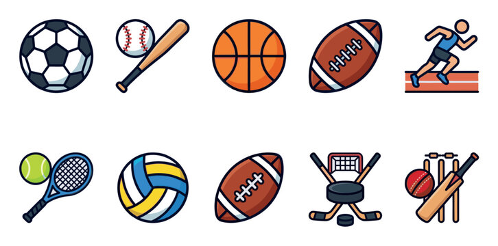 A collection of flat design vector icons representing various popular sports including soccer, baseball, basketball, football, running, tennis, volleyball, hockey, and cricket.