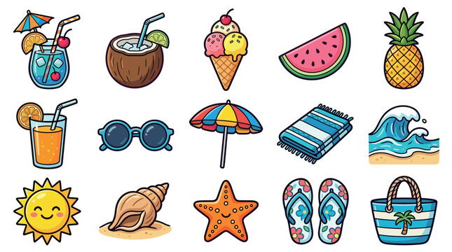 A vibrant collection of cheerful cartoon-style icons representing summer vacation essentials like drinks, ice cream, beach items, and tropical fruits.