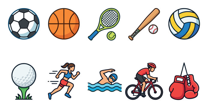 A vibrant collection of flat design sports icons including balls, a golfer, runner, swimmer, cyclist, and boxing gloves, perfect for health and fitness themes.