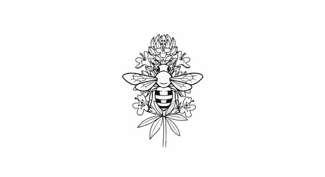 A black and white illustration of a bee on a blooming flower