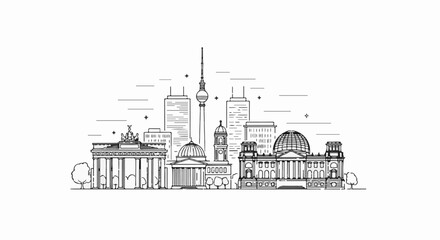 Obraz premium A black and white outline drawing of a city skyline featuring iconic landmarks and skyscrapers