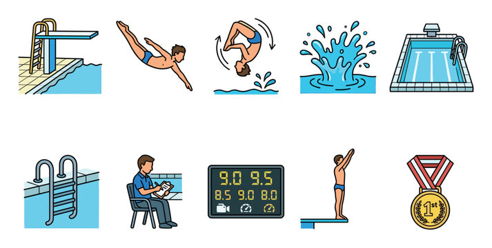 A collection of flat vector icons representing elements of a diving competition, including a diving board, swimmers, judges, a scoreboard, and a medal.