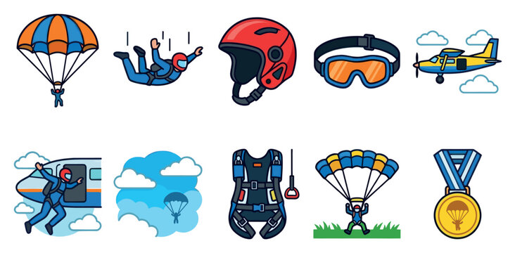 A collection of colorful, flat vector illustrations depicting various elements and activities related to skydiving and parachuting.