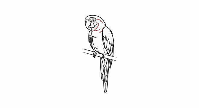 A black and white drawing of a parrot perched on a branch