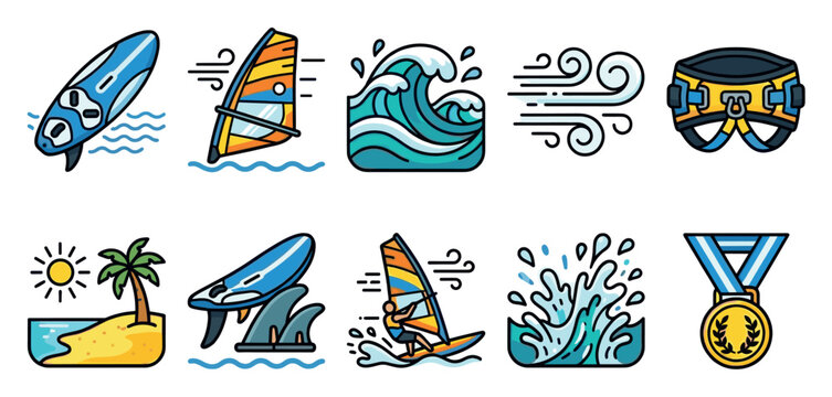 A collection of stylized vector icons depicting various water sports and related elements, including surfboards, windsurfing, waves, wind, and a medal, perfect for web design or sports themes.