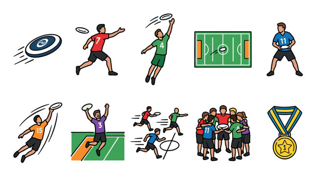 A collection of cartoon-style illustrations depicting various actions and elements of an ultimate frisbee game, including players throwing and catching discs, a game field, and a medal.