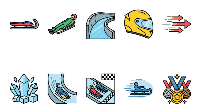 A collection of flat design icons representing winter sports like bobsledding and luge, featuring sleds, helmets, tracks, and medals.