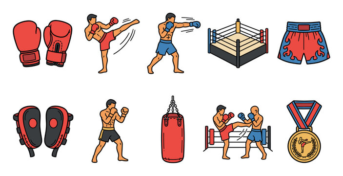 A collection of flat design cartoon icons representing boxing and Muay Thai sports, including gloves, fighters, shorts, ring, punching bag, and medal.