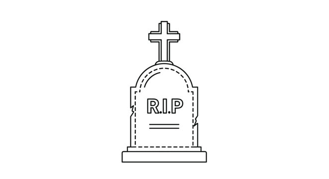 Grave marker headstone featuring the text RIP and a small cross in a clean black line art style for spooky cemetery design themes.