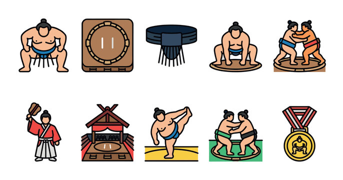 A collection of flat, colorful vector icons depicting sumo wrestling, including athletes in various poses, a dohyo, a medal, and a traditional arena.