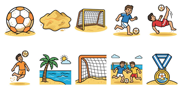 This playful illustration captures the joy of beach soccer with cartoon kids playing, a sandy goal, and a winner's medal, perfect for sports and summer themes.