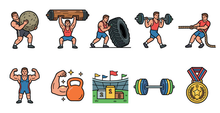 A collection of flat vector icons depicting various strength training and athletic activities, including weightlifting, tire flipping, and tug of war.