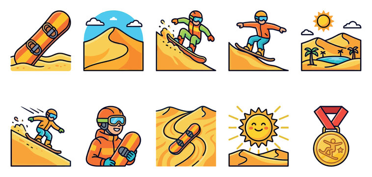 A collection of stylized flat icons depicting sandboarding action in a desert landscape, featuring snowboards, dunes, palm trees, and a medal.