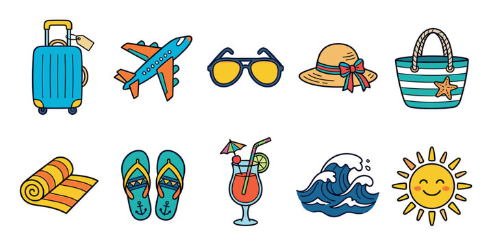 A colorful collection of illustrated travel and vacation icons including a suitcase, airplane, sunglasses, hat, beach bag, rolled towel, flip-flops, cocktail, ocean waves.