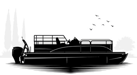 Pontoon Boat Silhouette with Birds and Trees on Water, Vector Illustration © Roni