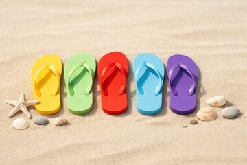Fototapeta premium Colorful flip-flops arranged on a sandy beach with seashells and starfish