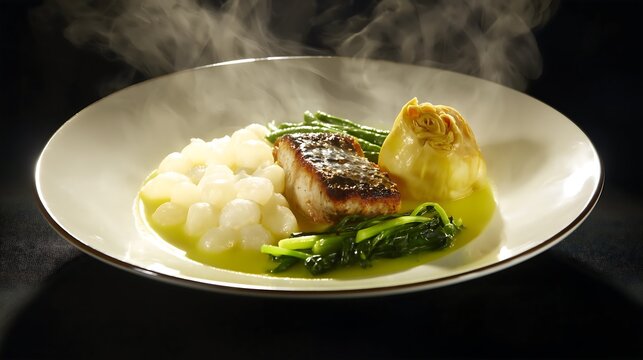 Steaming Lor Mee Soup with Seared Fish and Greens