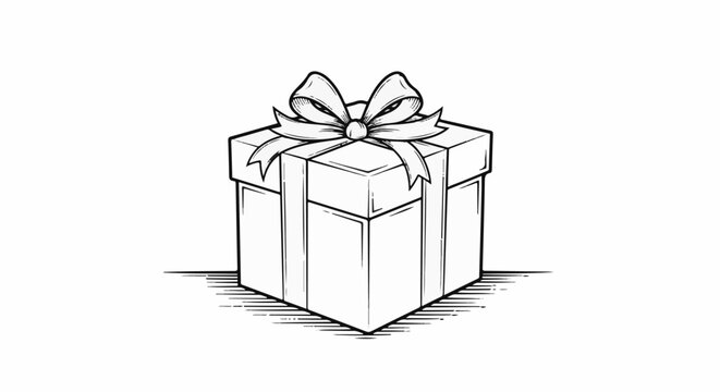 A black and white line drawing of a gift box with a ribbon and bow