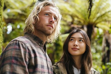 Fototapeta premium Young couple gazing upward while hiking in dense forest