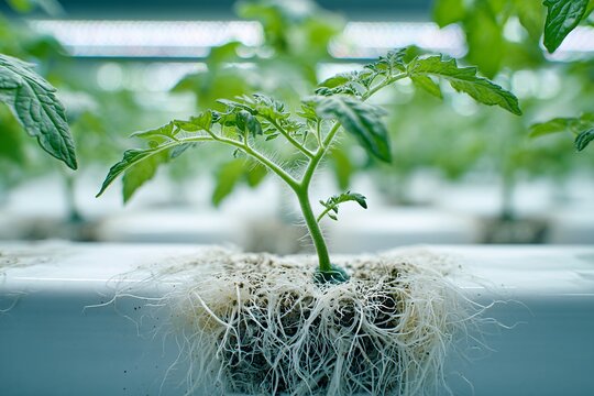 Tomato seedling with visible root system in a hydroponic nursery