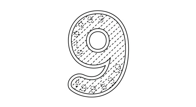 Number nine coloring page with dashed lines and internal tracing guides designed to help children practice handwriting and numerical recognition.