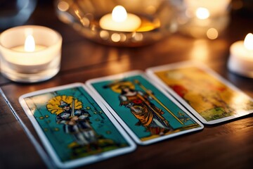Fototapeta premium Tarot cards showing figures beside lit candles on wood table