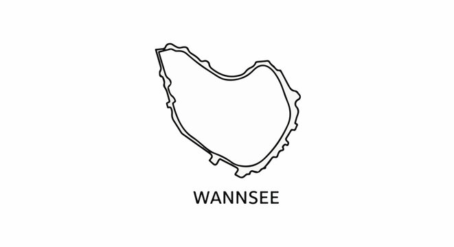 A black and white line drawing of a lake's outline, labeled "WANNSEE