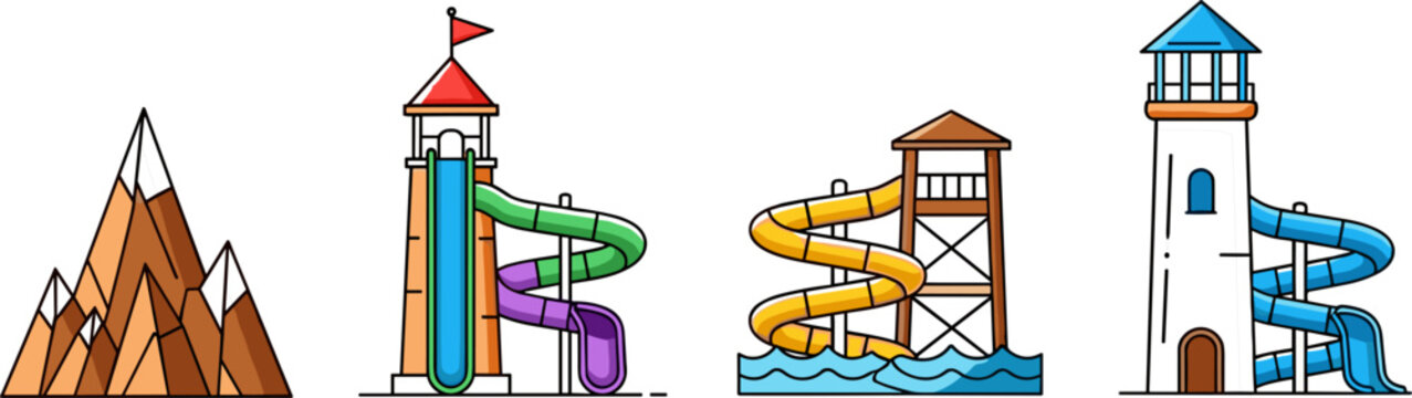 Colorful playground slides and mountain landscape icon set with water slide towers outdoor recreation elements flat illustration collection