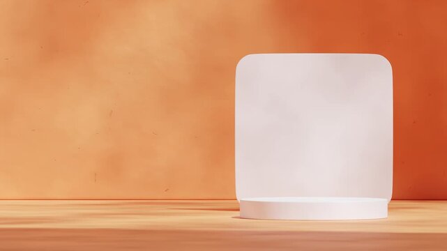 3d video render blank mockup of white color cylinder podium looping seamless shadow animation with yellow orange wall background