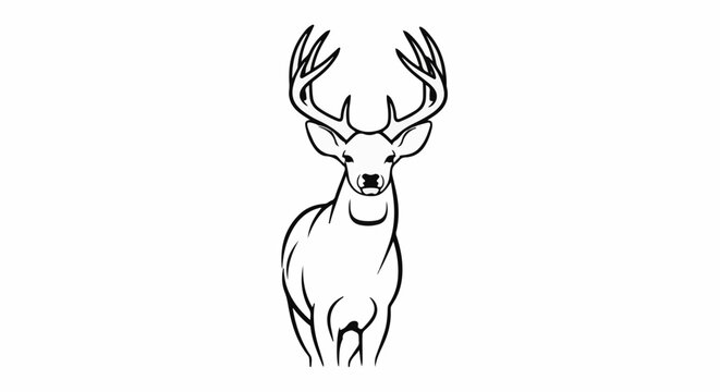 A black and white line drawing of a majestic deer with large antlers