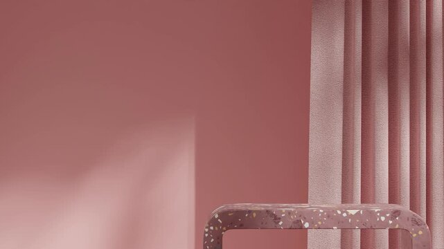 mockup template mute purple terrazzo podium of with seamless loop shadow animation curtain and simple wall, rendering 3d footage