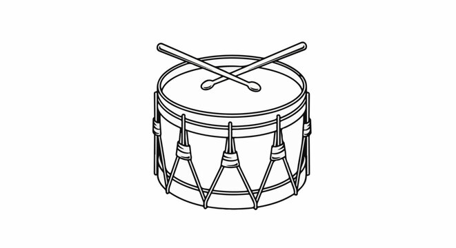 A black and white line drawing of a snare drum with crossed drumsticks