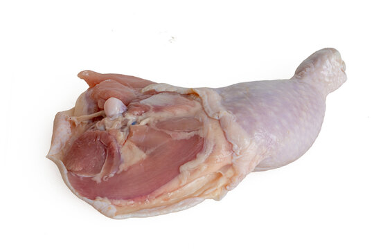 High-resolution Fresh raw chicken leg photograph using stack focus technique on a white background, suitable for editing.