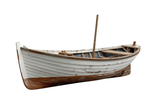 White wooden rowboat with weathered hull, isolated on transparent background, showing vintage nautical design and craftsmanship