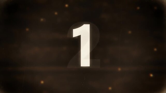 Old movie countdown sequence featuring blurred vintage look, film grain, light flicker, and scratches. Classic analog aesthetic in 4K, 16-bit color depth, nostalgic cinema feel.