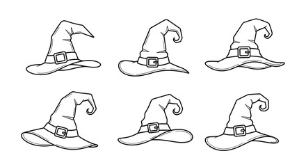 Obraz premium Set of six unique witch hats with various shapes and buckle details presented in a simple black outline style for Halloween crafts.