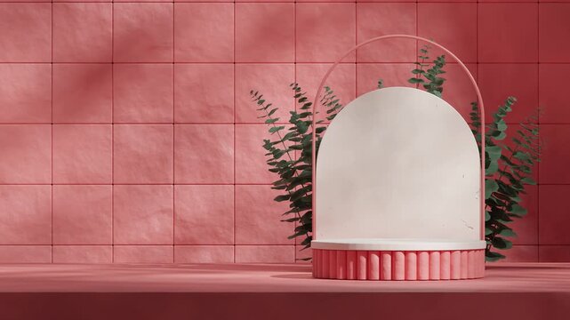 white cylinder podium seamless loop shadow animation with pink wall and eucalyptus leaf, 3d footage render scene mockup