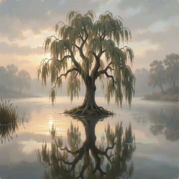 Serene weeping willow tree with perfect reflection in misty calm lake.