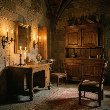 Cozy vintage study room with antique wooden desk and candlelight.