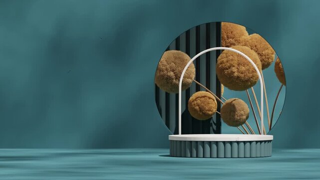 blue wall and yellow mimosa in 3d footage render of empty scene green and white podium looping seamless shadow animation
