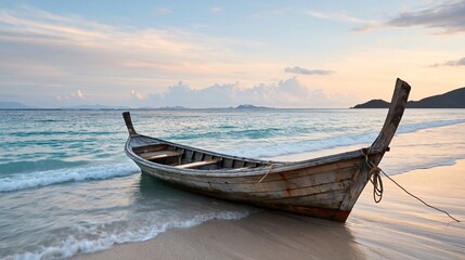Obraz premium Wooden fishing boat resting on sandy beach at sunset, gentle waves lapping against hull, distant islands visible on the horizon under a colorful sky